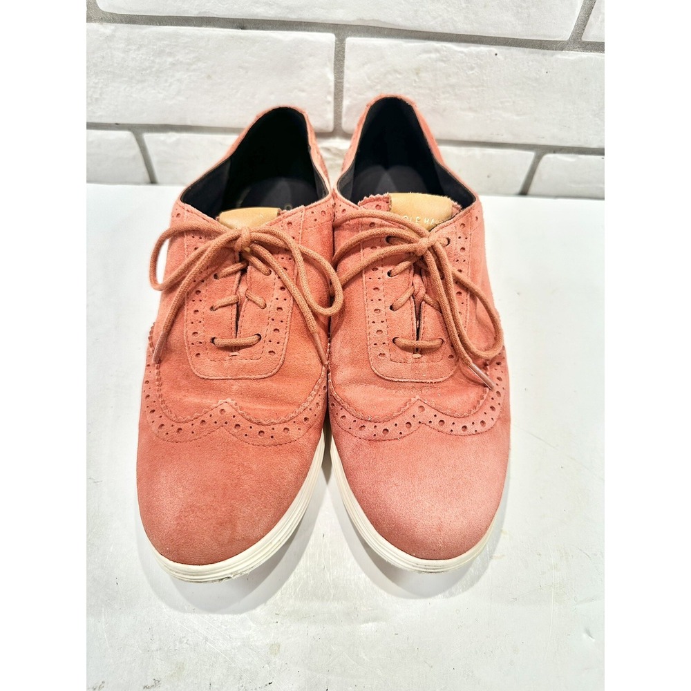Cole Haan Grand.OS Wingtip Oxford Womens Coral Pink Suede Brogue Shoes Lace‎ Up